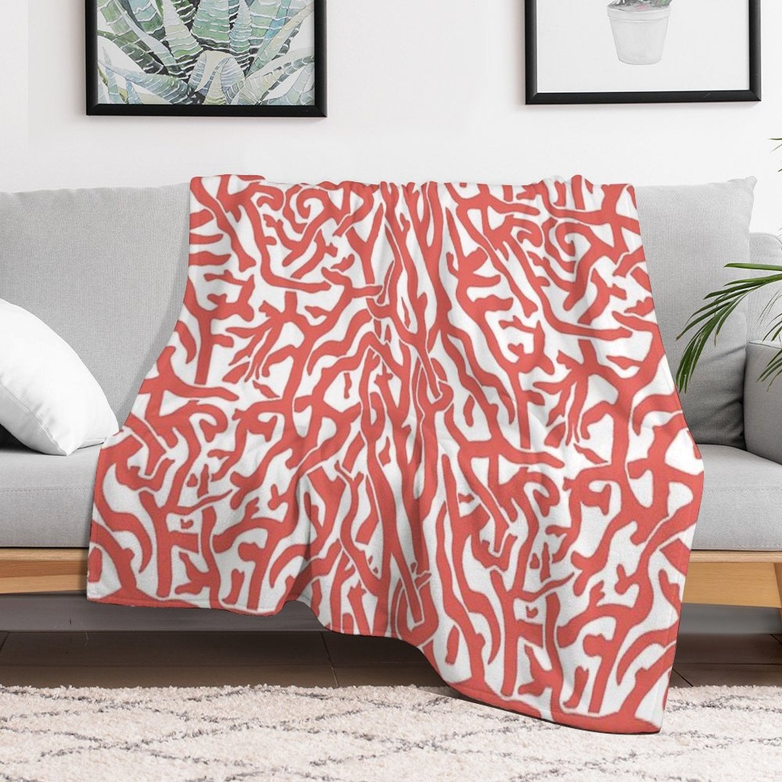 Coral Reef Pattern  Reddish Coral White Coastal Beach House Premium Throw Blanket