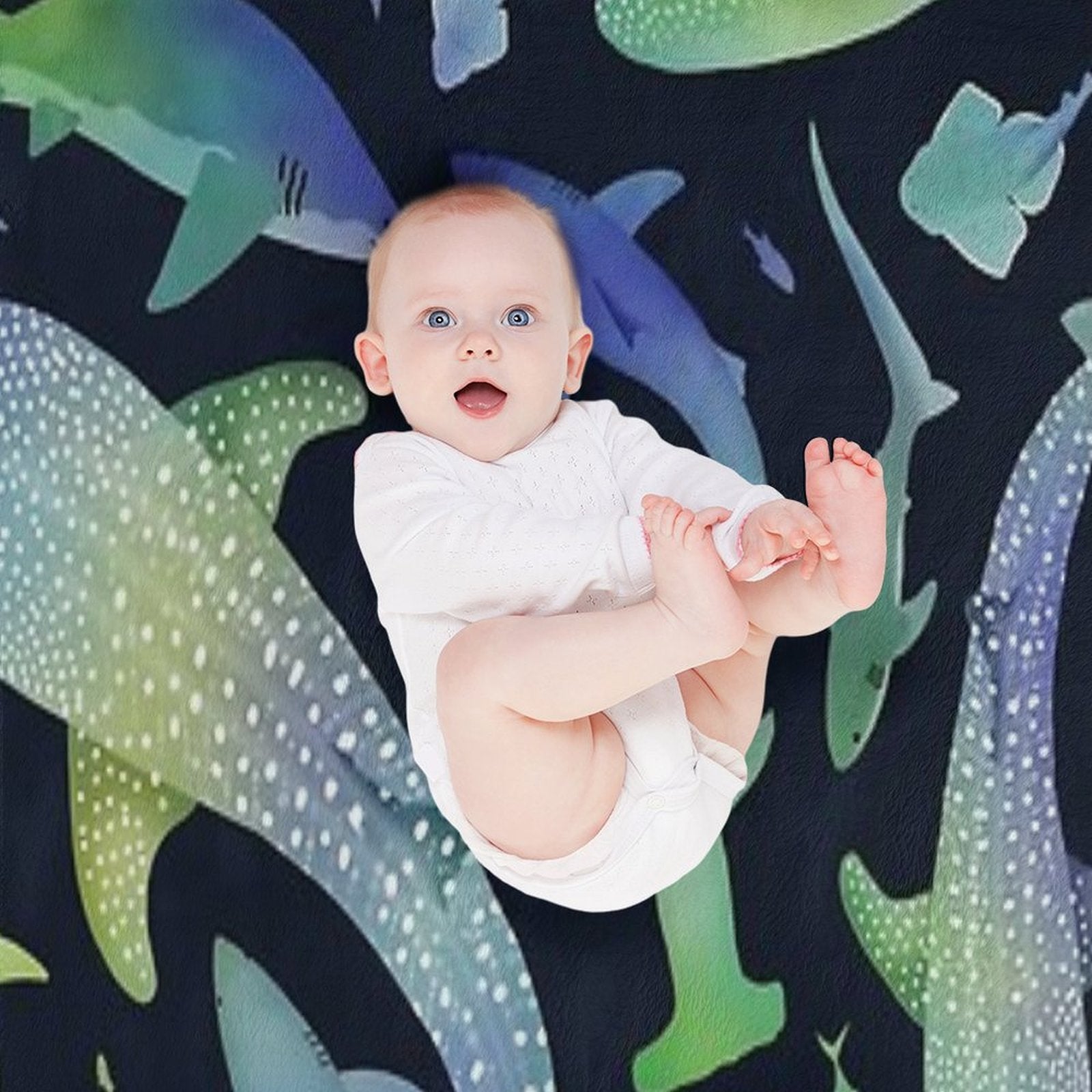 Blue And Green Watercolor Shark Ocean on Dark Navy Blue Travel-friendly Throw Blanket