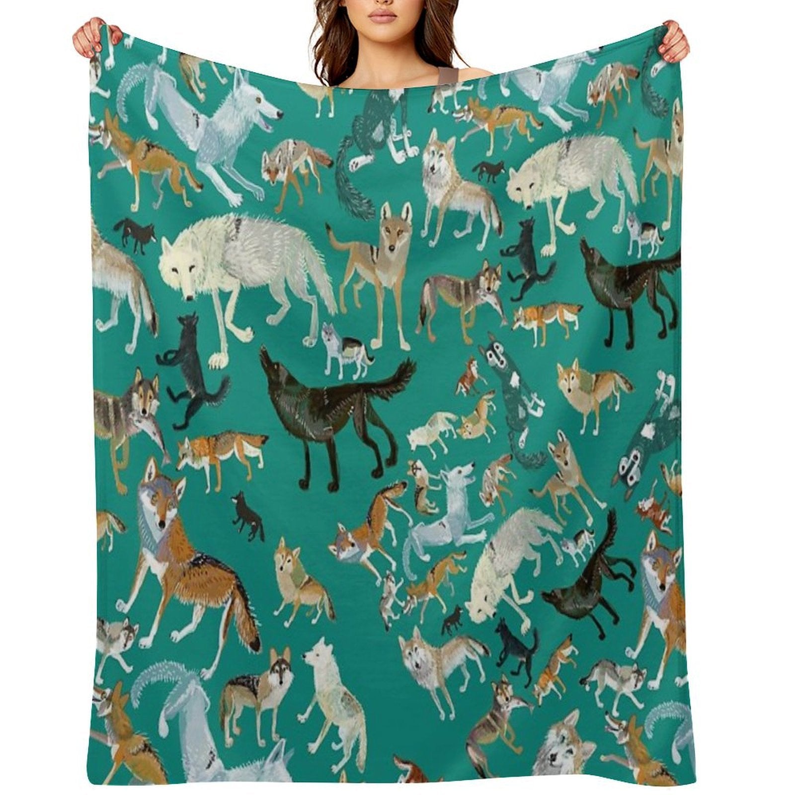 Wolves of The World (Green Pattern) Eco-conscious Throw Blanket