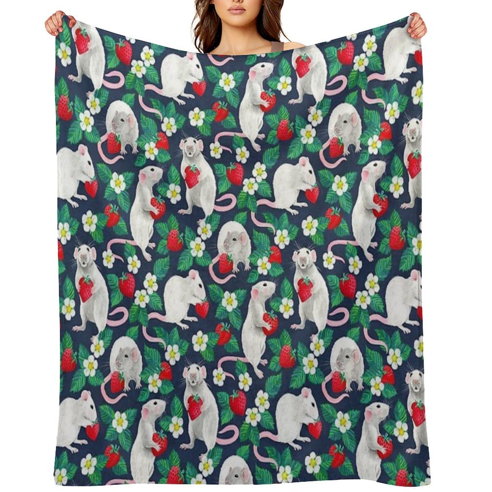 Rats Love Strawberries on Navy Blue Eco-conscious Throw Blanket