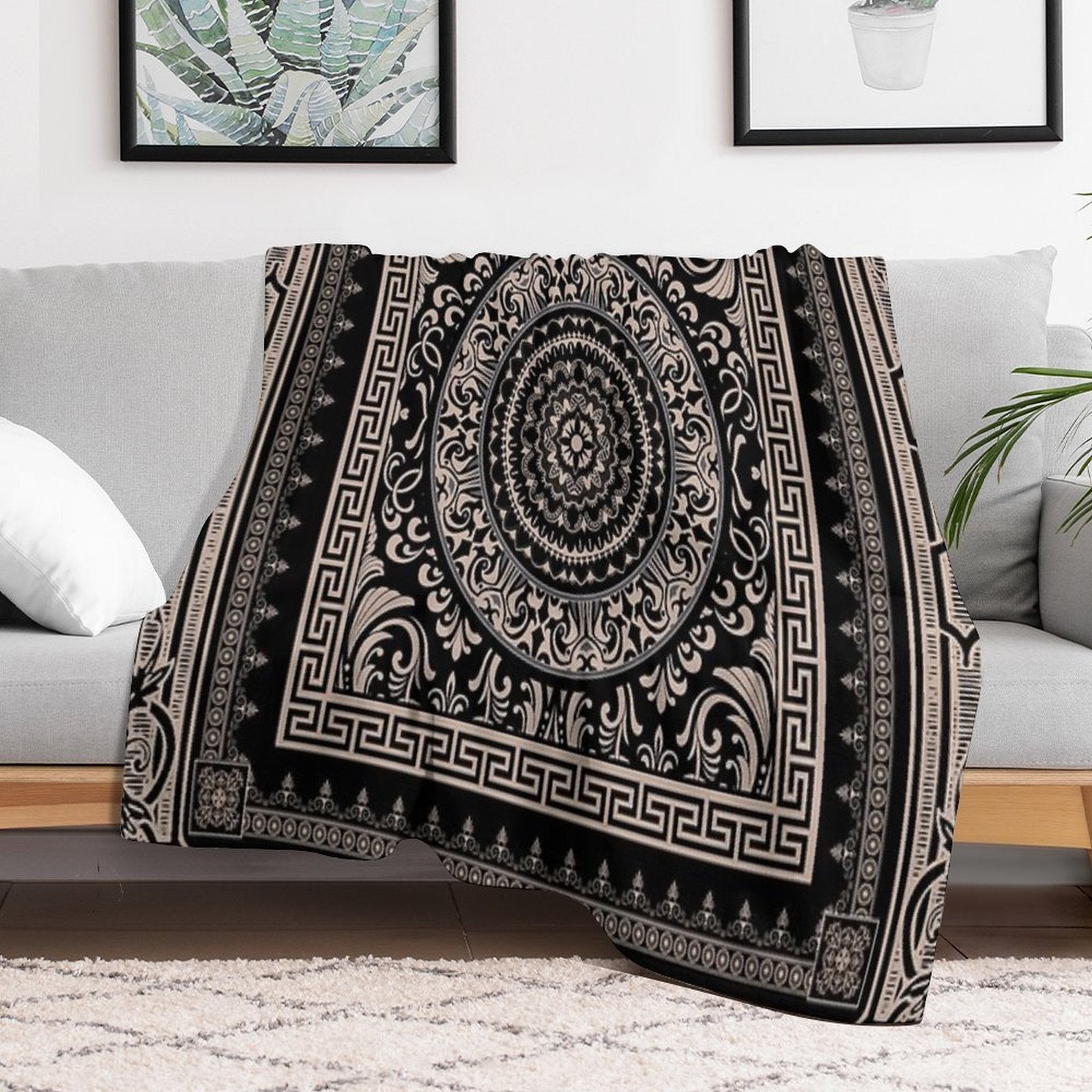 Ornate Baroque Black Khaki Greek Key Travel-friendly Throw Blanket
