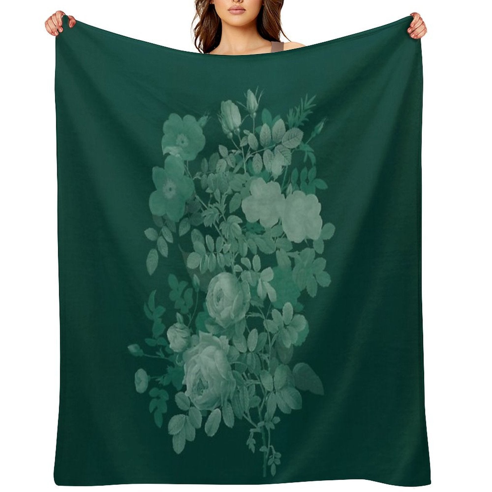Dark Green Floral Collage, Bottle Green Monochrome Roses Bouquet Shrink-resistant Throw Blanket