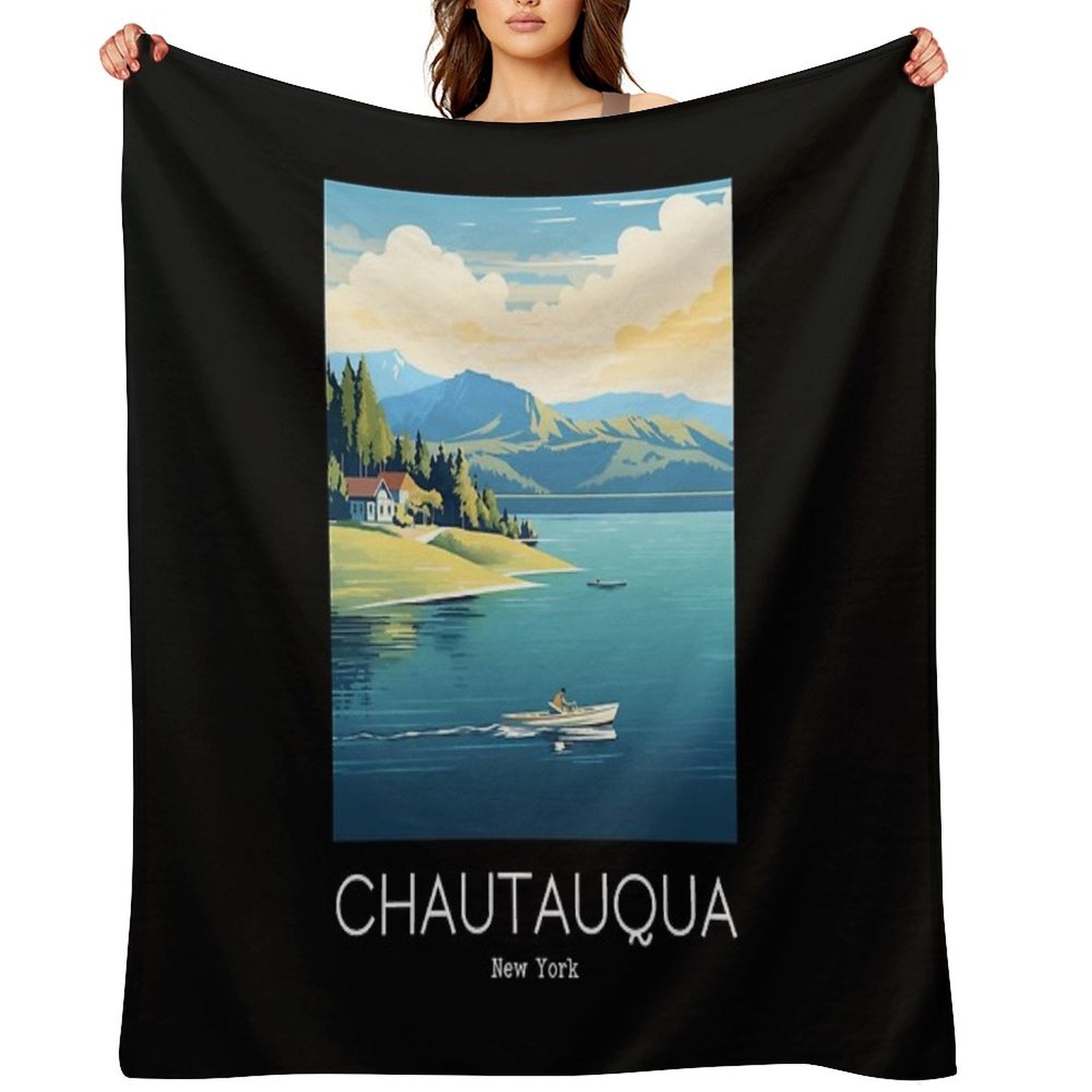 A Vintage Travel Illustration of Chautauqua Lake - New York - US Sustainable Throw Blanket