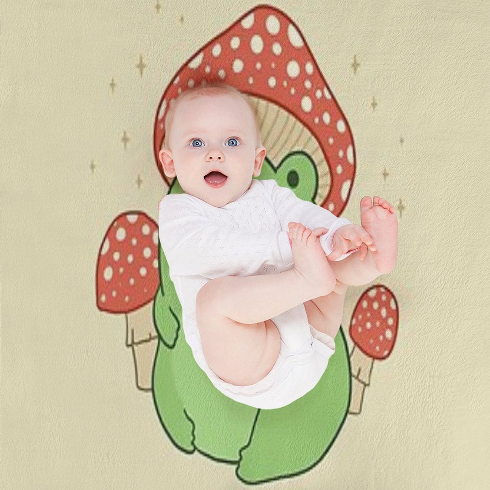 Kawaii Frog with Mushroom Hat Cottagecore Aesthetic Froggy, Chubby Toad in Forest Themed Fantasy Toadstools Plush Throw Blanket