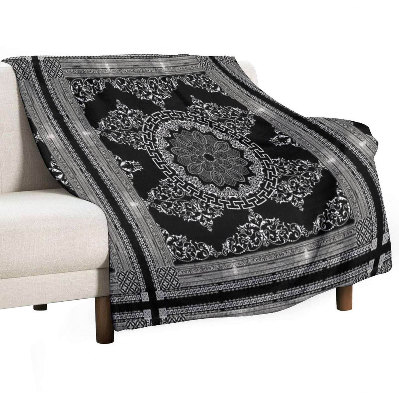 Ornate Baroque White Black Intricate Greek Key Border Versatility Throw Blanket