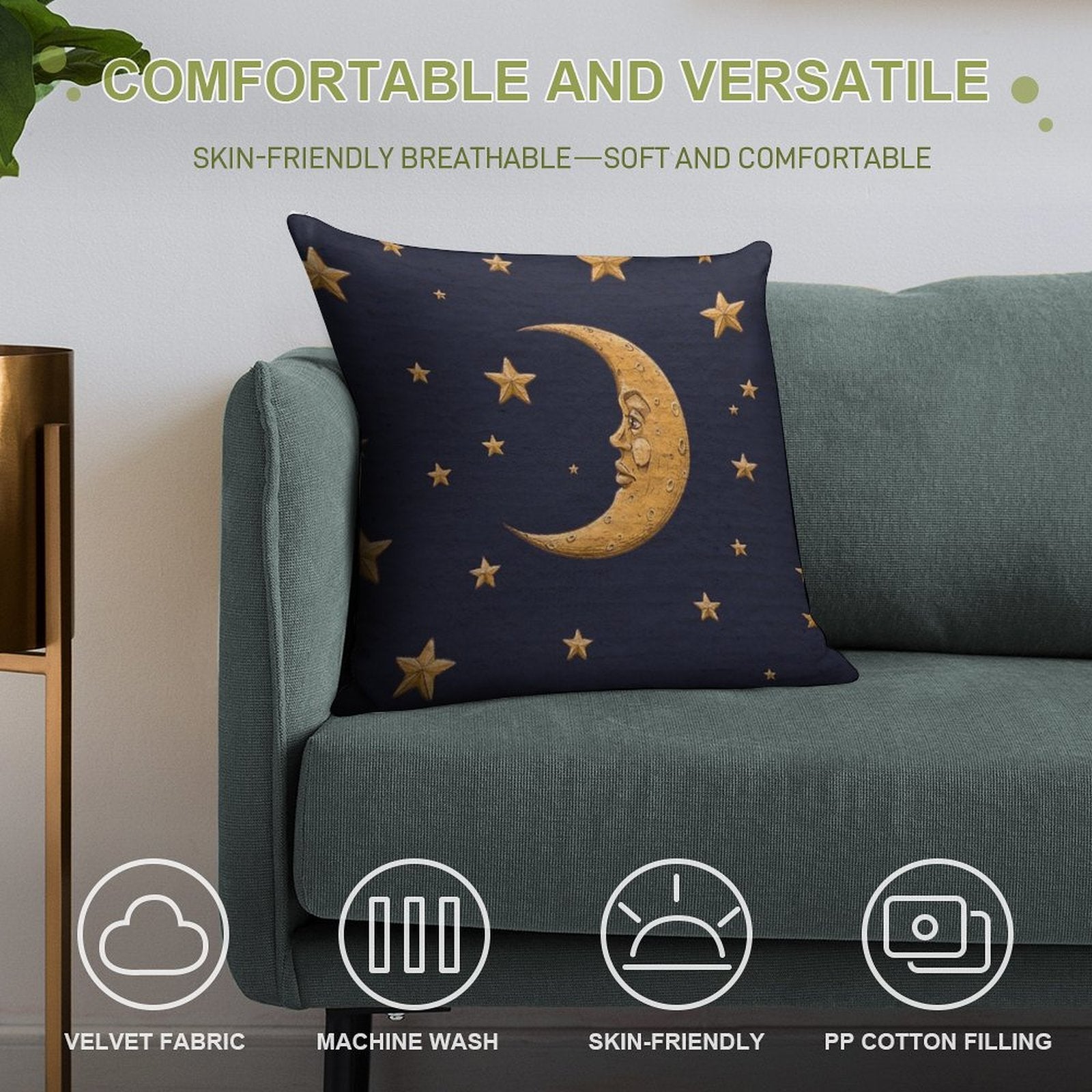 Vintage Gold Moon And Stars on Blue Soft Skin-Friendly Throw Pillow