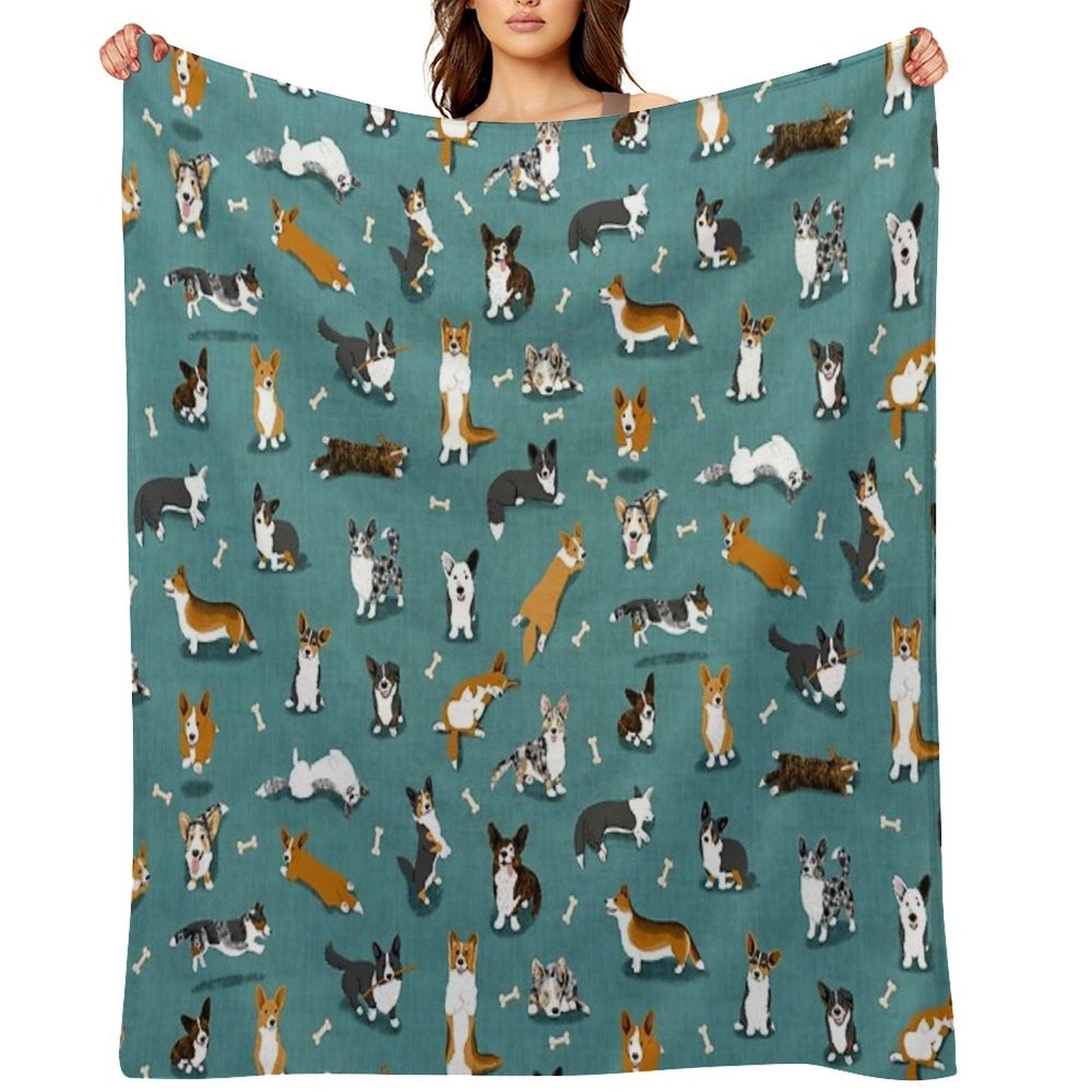 Cardigan Corgi Pattern on Teal Durable Throw Blanket