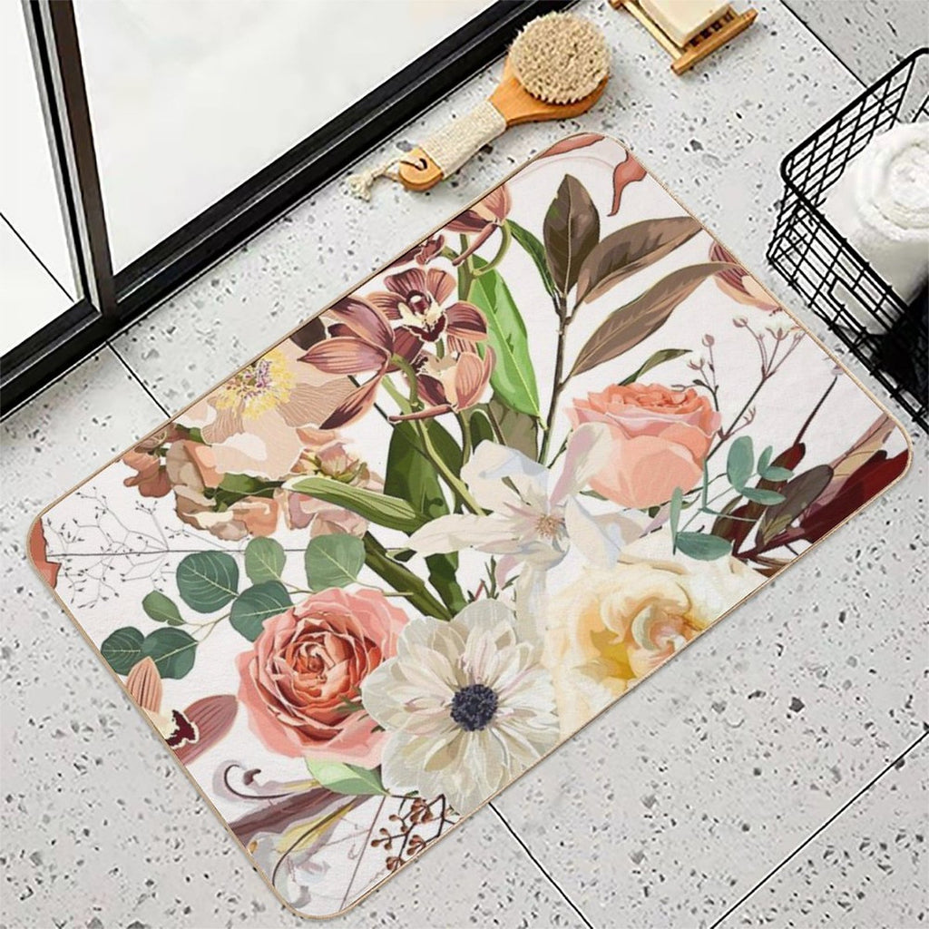 Detailed Hand Drawn Flowers - Blooming Magnolia, Roses, Eucalyptus And Herbs.  Long-Lasting Bath Mat