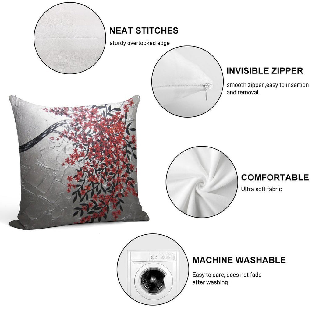 Red Black And Silver Cherry Blossom Tree Art Soft Shrink-Resistant Throw Pillow