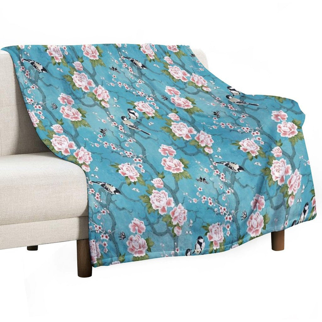 Chinoiserie Birds in Turquoise Blue Eco-conscious Throw Blanket