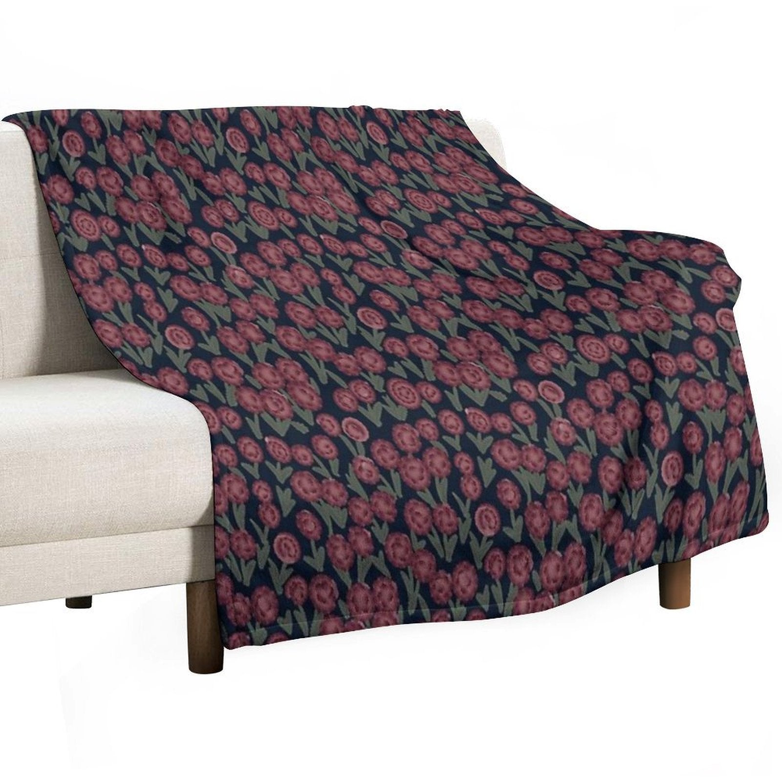 Burgundy Carnations on Dark Blue – Seamless Vintage Floral Design Lightweight Throw Blanket