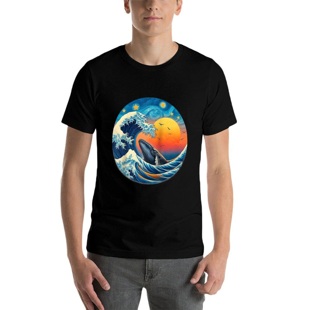 Sunset Whale Wave - Ocean, Starry Night, Sky, Van Gogh Style Raglan Baseball  Durable T-Shirt