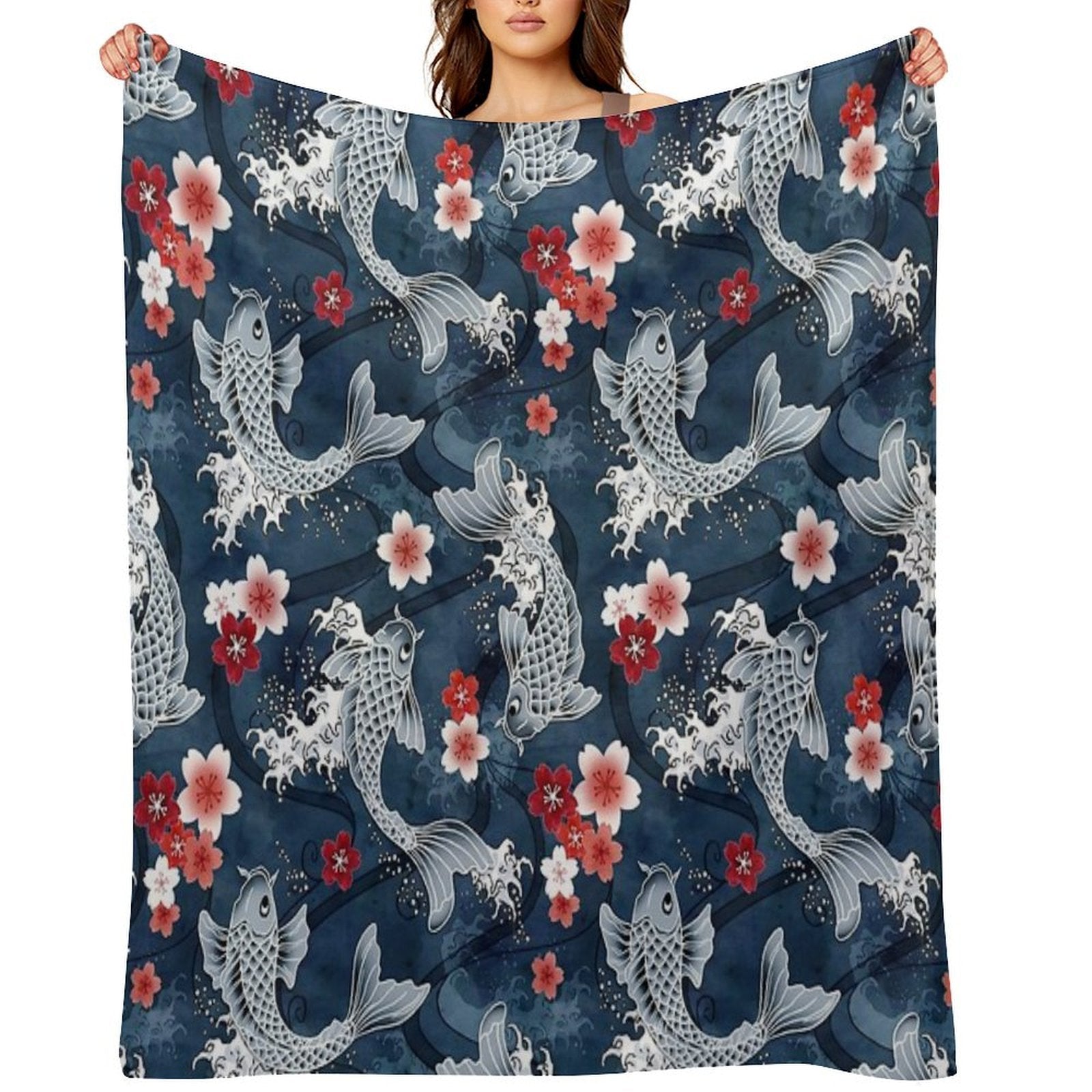 Koi Sakura Blossom in Blue Anti-pilling Throw Blanket
