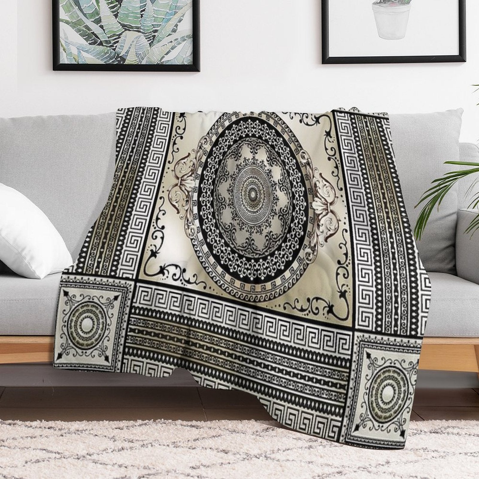 Greek Key Large Meander Cream Black Medallion Lightweight Throw Blanket
