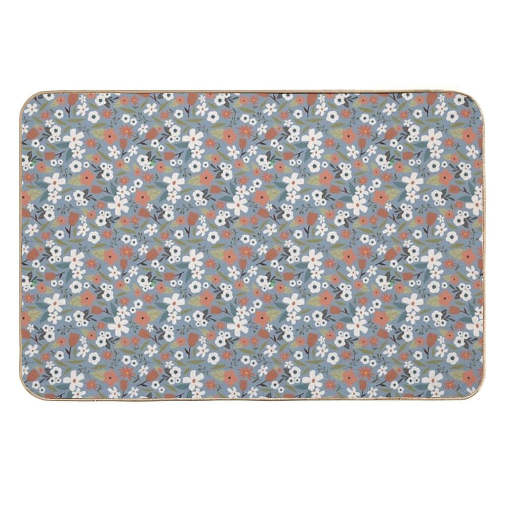 White Flowers on Blue Background Vintage Seamless Pattern  Dirt-Trapping Bath Mat