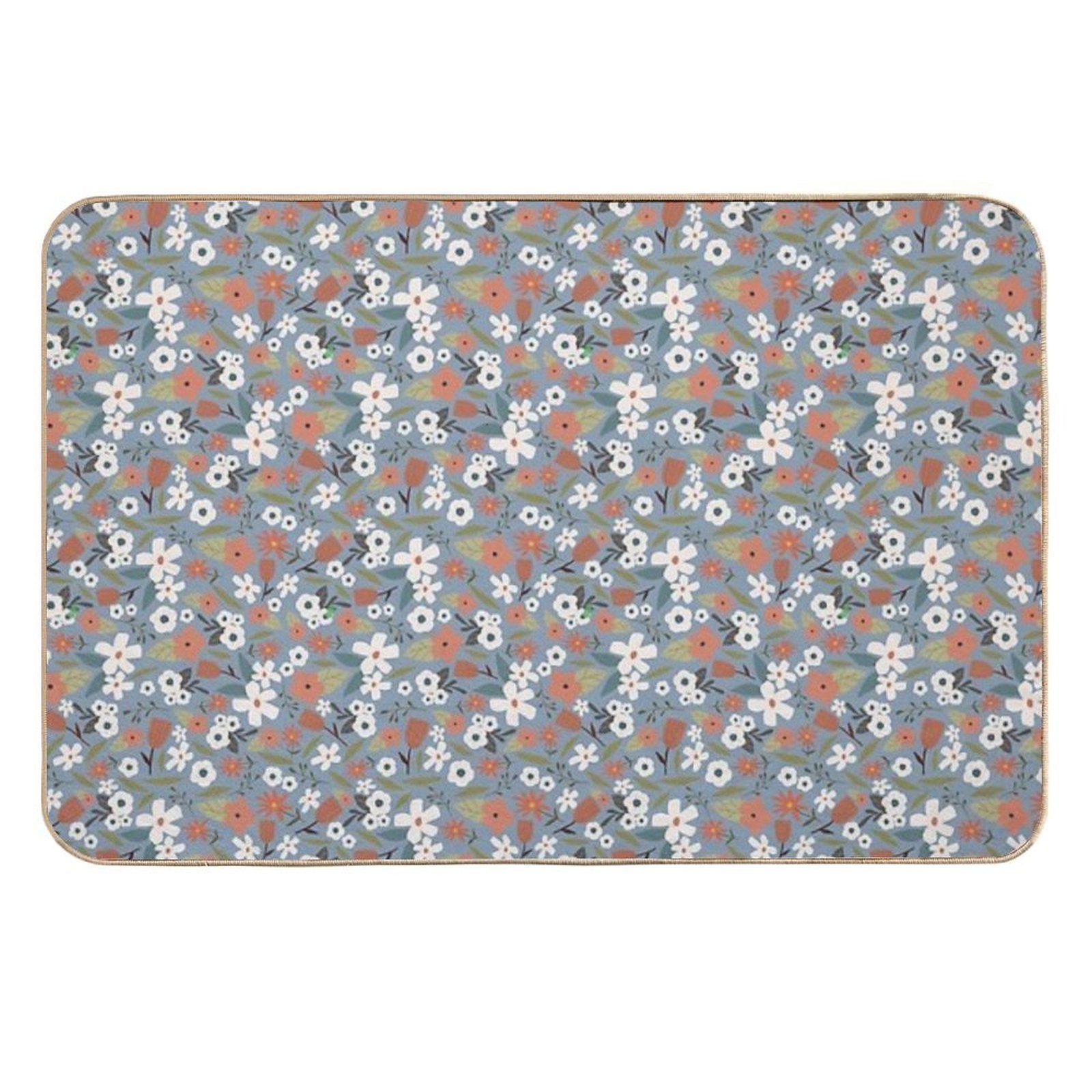 White Flowers on Blue Background Vintage Seamless Pattern  Dirt-Trapping Bath Mat