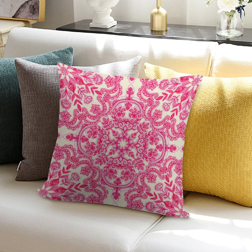 Hot Pink & Soft Cream Folk Art Pattern Soft Warmth Comfort Throw Pillow