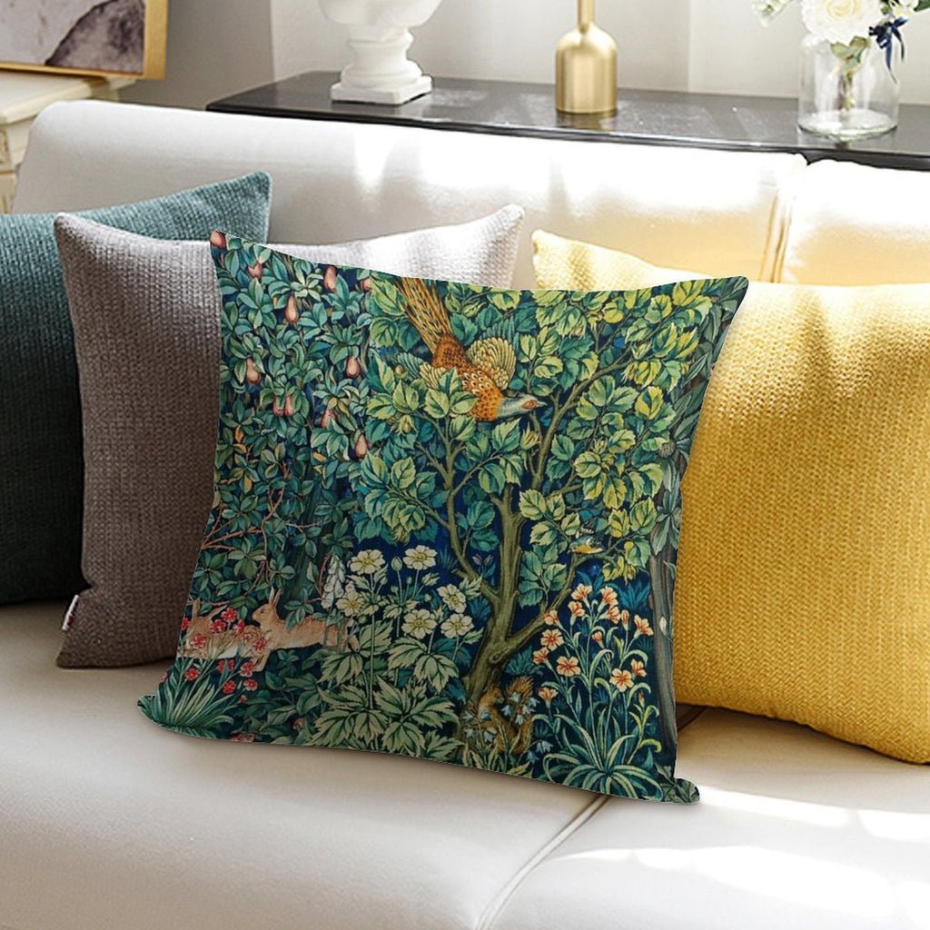 GREENERY,FOREST ANIMALS Pheasant on Tree,Squirrel,Hares,Blue Green Floral Tapestry Soft Style Accent Throw Pillow