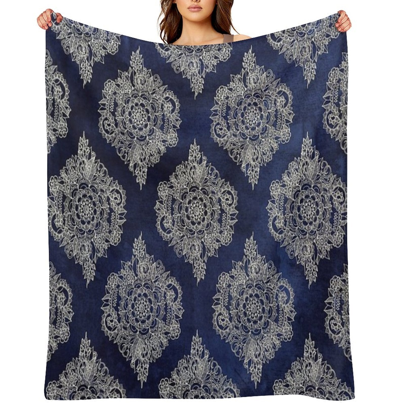 Cream Floral Moroccan Pattern on Deep Indigo Ink Eco-conscious Throw Blanket