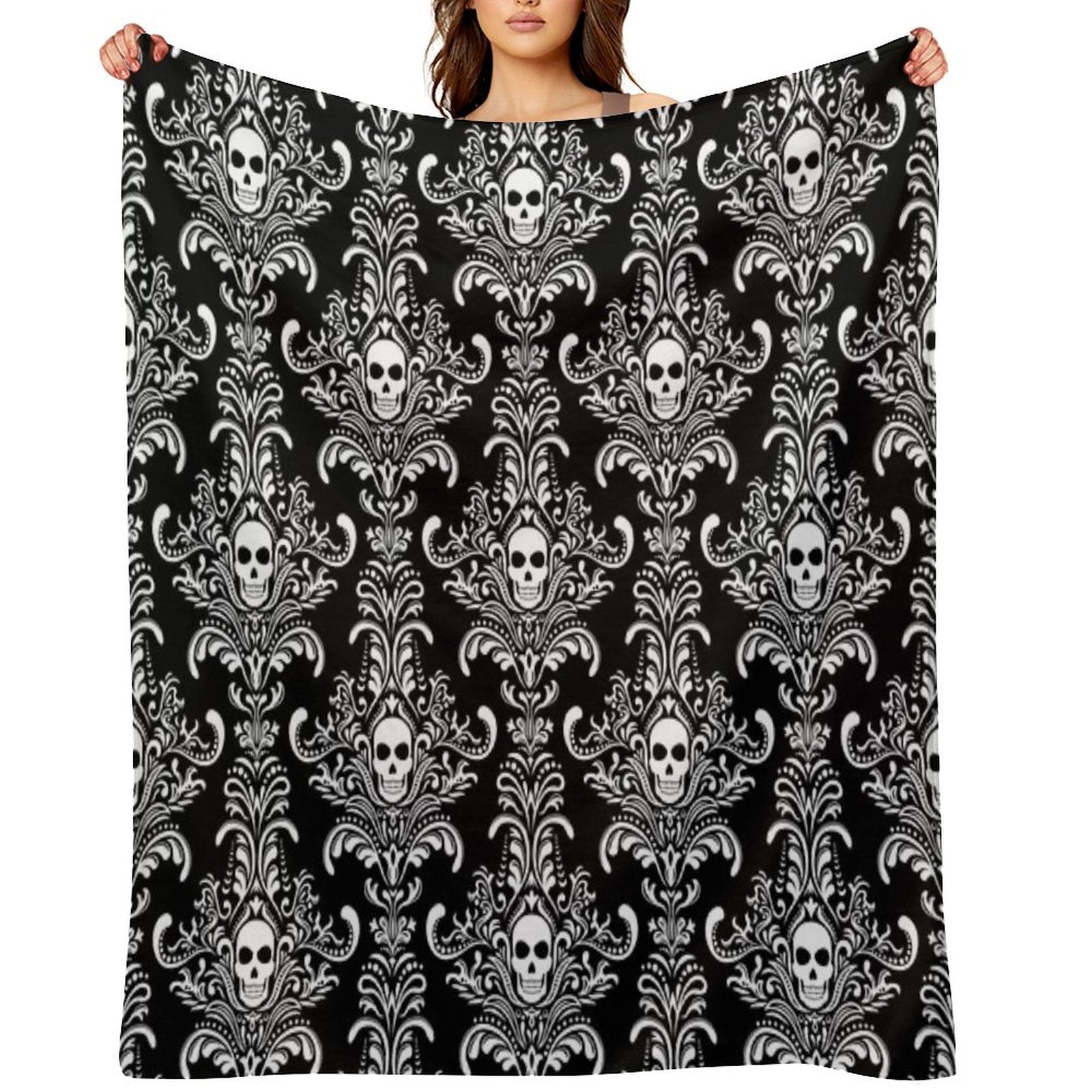 Skulls Damask Goth Halloween Pattern Travel-friendly Throw Blanket