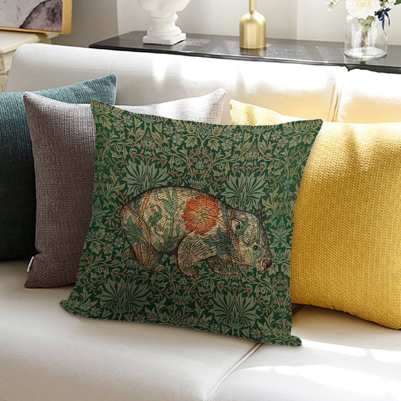 Rossetti's Wombat in Green Flower Garden Soft Multiple Sizes Throw Pillow