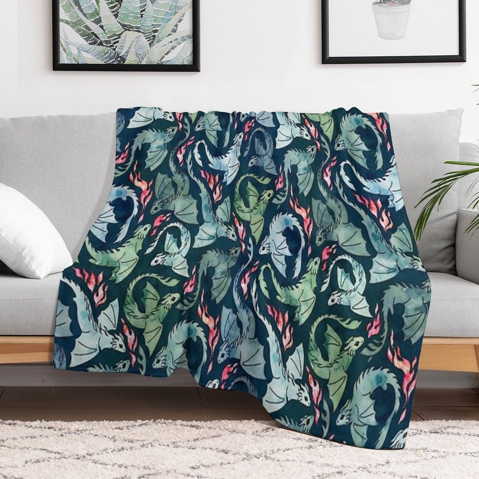 Dragon Fire Dark Blue & Green Travel-friendly Throw Blanket