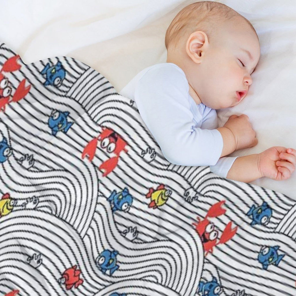 Grafic Waves from Stripes with Fish And Crabs. Sea Seamless Pattern. Premium Throw Blanket