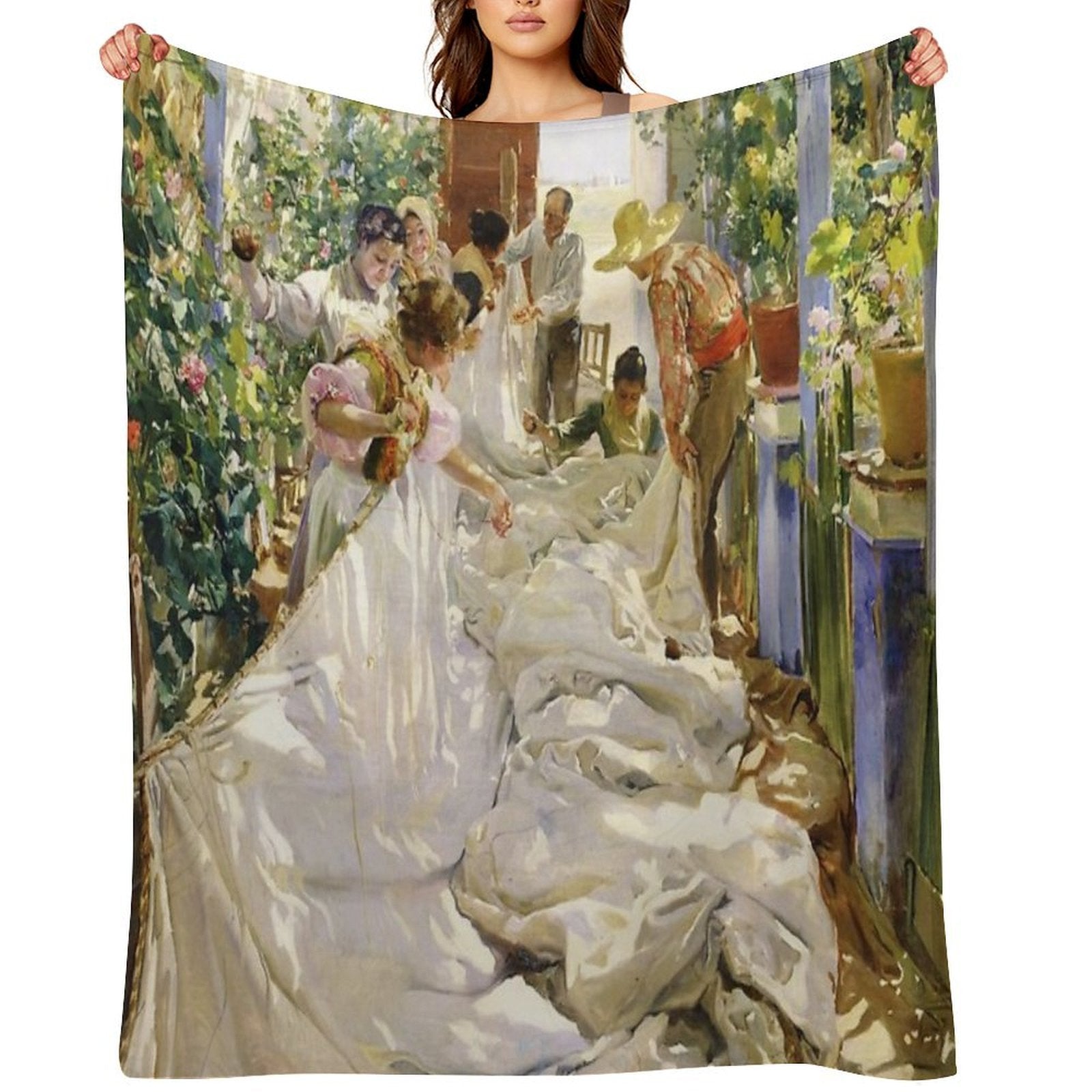Joaquín Sorolla - Sewing The Sail Velvety-soft Throw Blanket