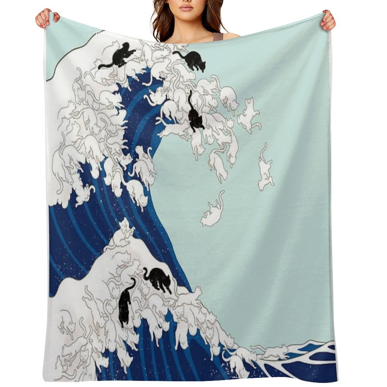 Cats The Great Wave in Blue Art Print Eco-conscious Throw Blanket