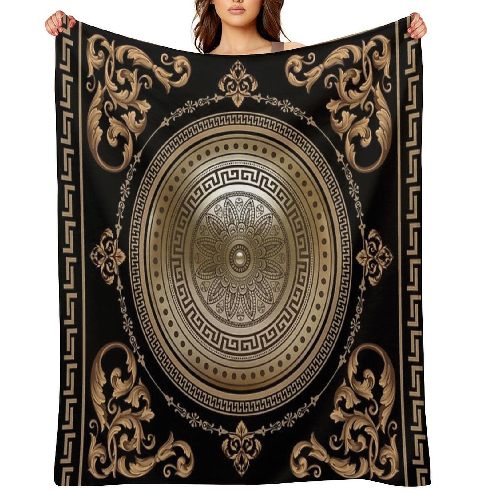Baroque Black & Bronze Medallion Greek Meander Wrinkle-free Throw Blanket
