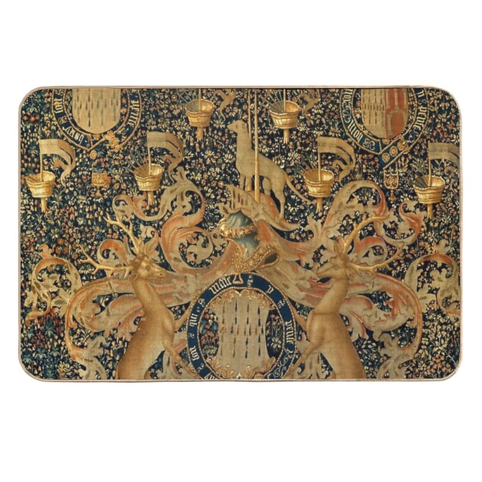 Gold Navy Blue Antique Heraldic Tapestry with Harts,Armorial Bearings Badges of John  Multi-Purpose Bath Mat