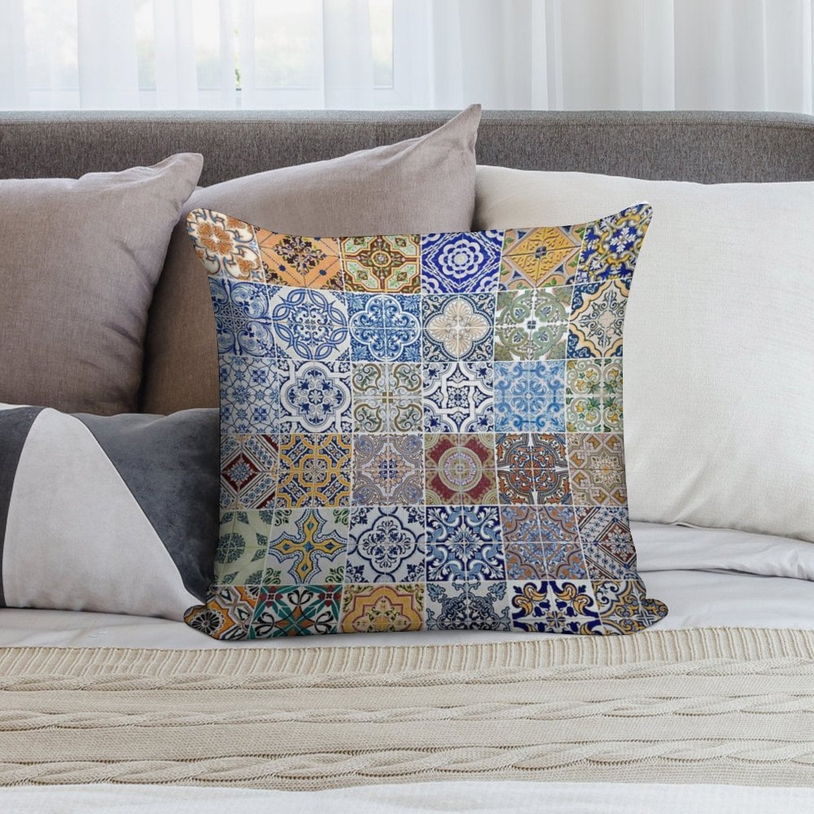 Set of 48 Ceramic Tiles Patterns Soft Hidden Zipper Throw Pillow