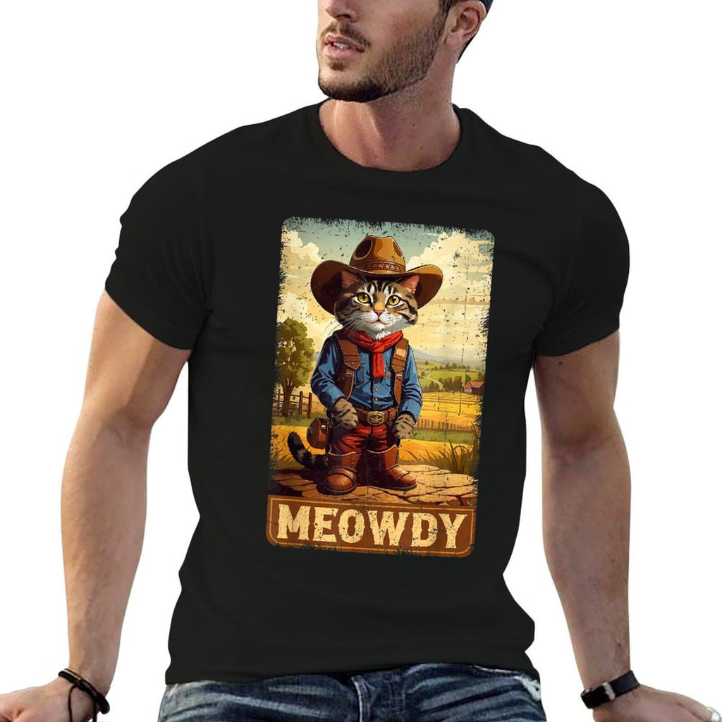 Meowdy Funny Country Side Cat Hat Vintage Cowboy Cat  Eco-friendly Material T-Shirt