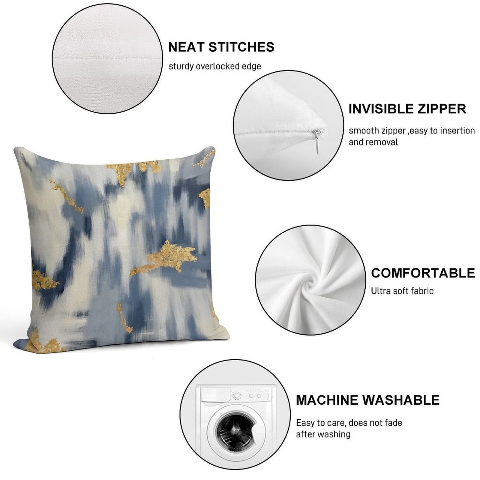 Blue And Gold Ikat Abstract Soft Hidden Zipper Throw Pillow