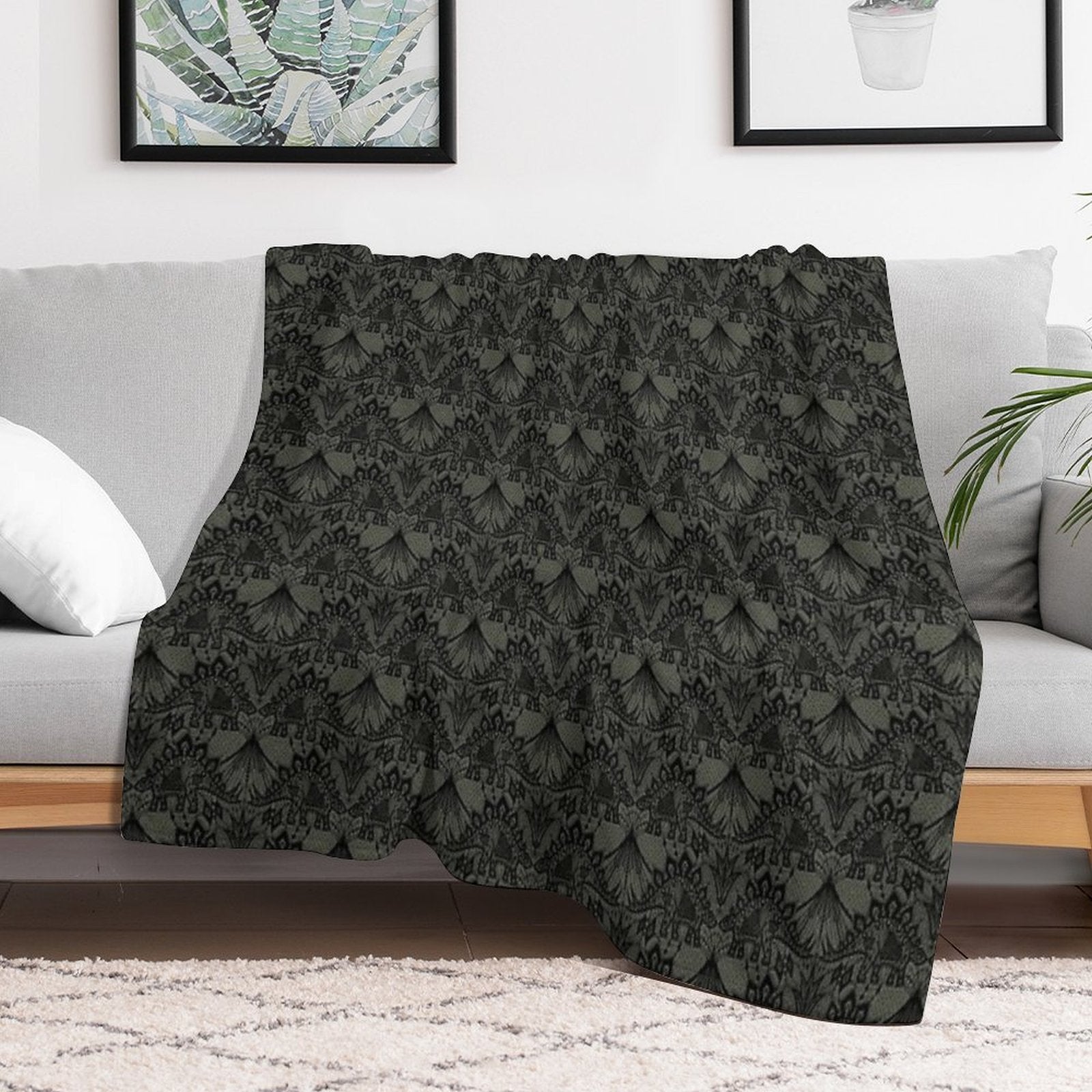 Stegosaurus Lace - Black  Grey Lightweight Throw Blanket
