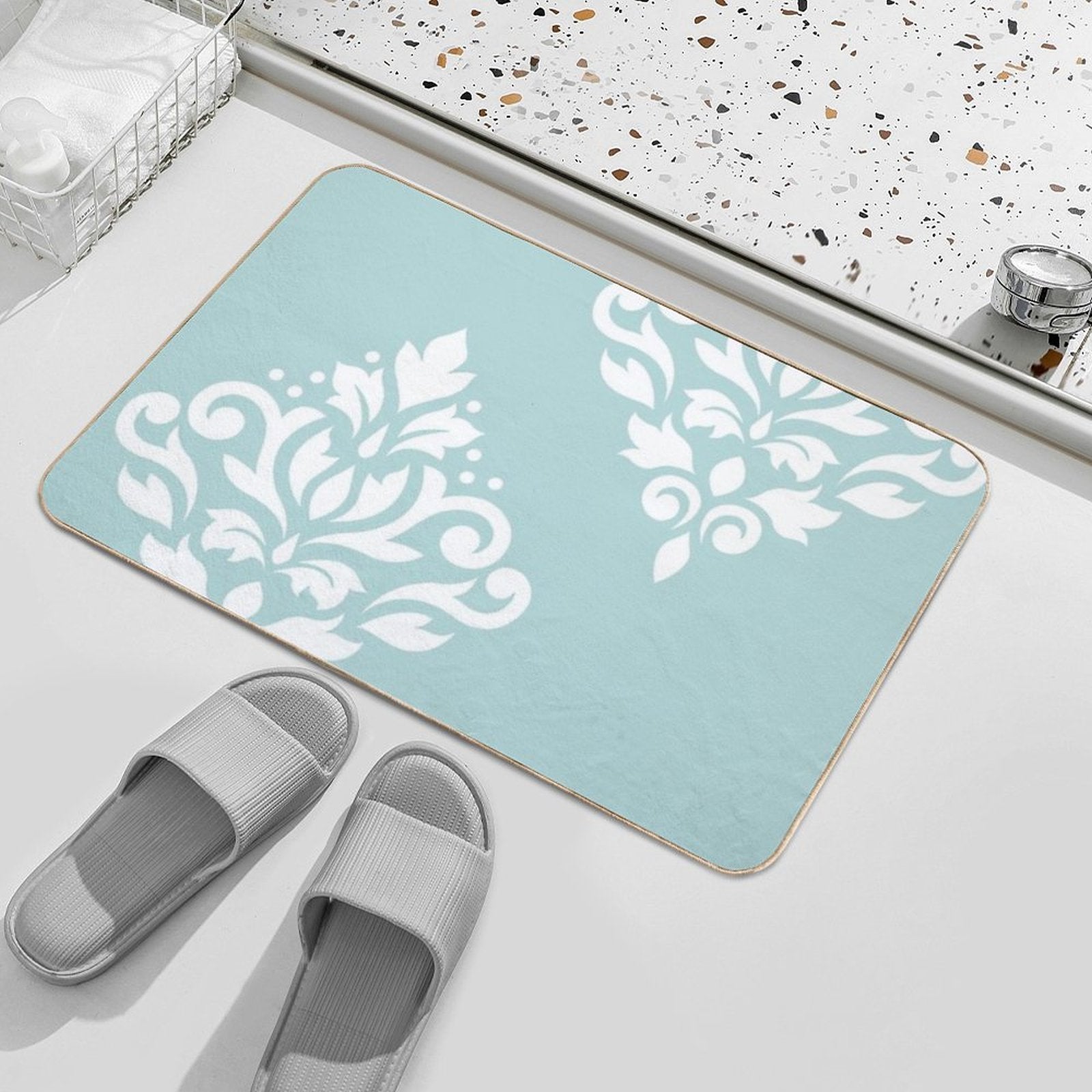 Scroll Damask Art I White on Duck Egg Blue  Fade-Resistant Bath Mat