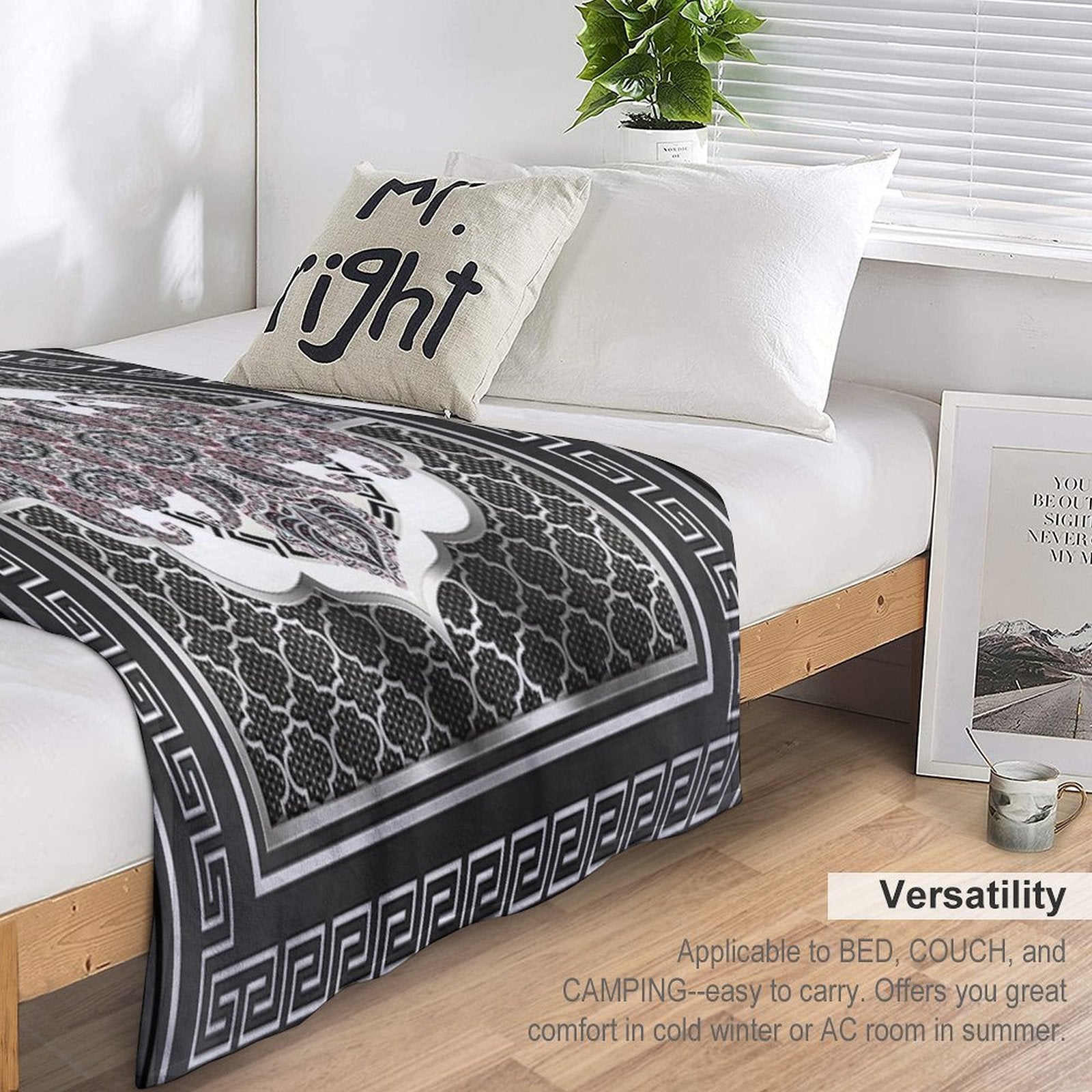 Greek Key Border Black Silver And White Design Plush Throw Blanket