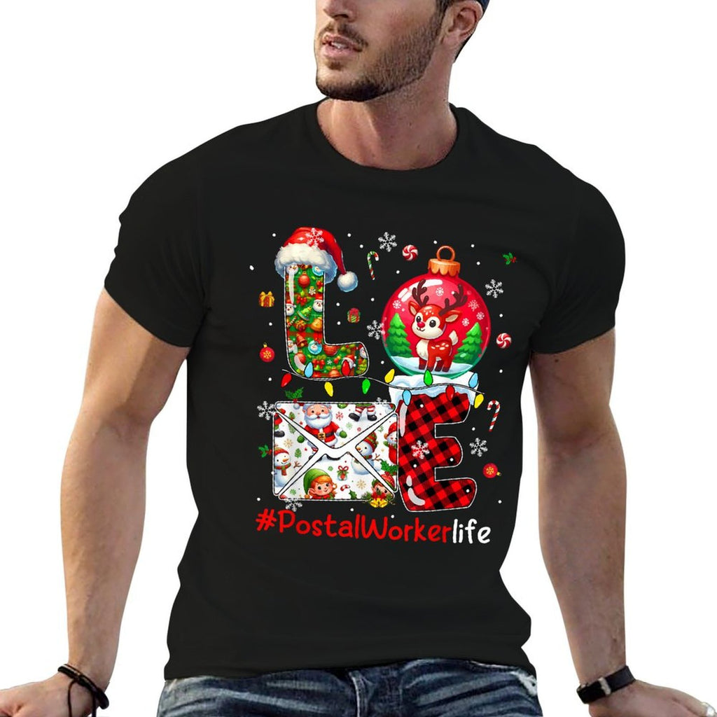 LOVE Postal Worker Christmas Santa Reindeer Matching Team  High-quality Stitching T-Shirt