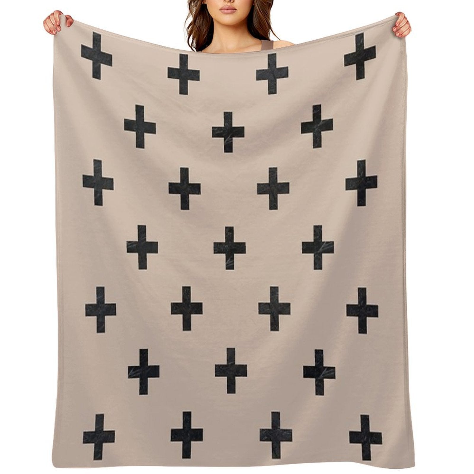 Beige And Black Textured Swiss Cross Pattern Lightweight Throw Blanket