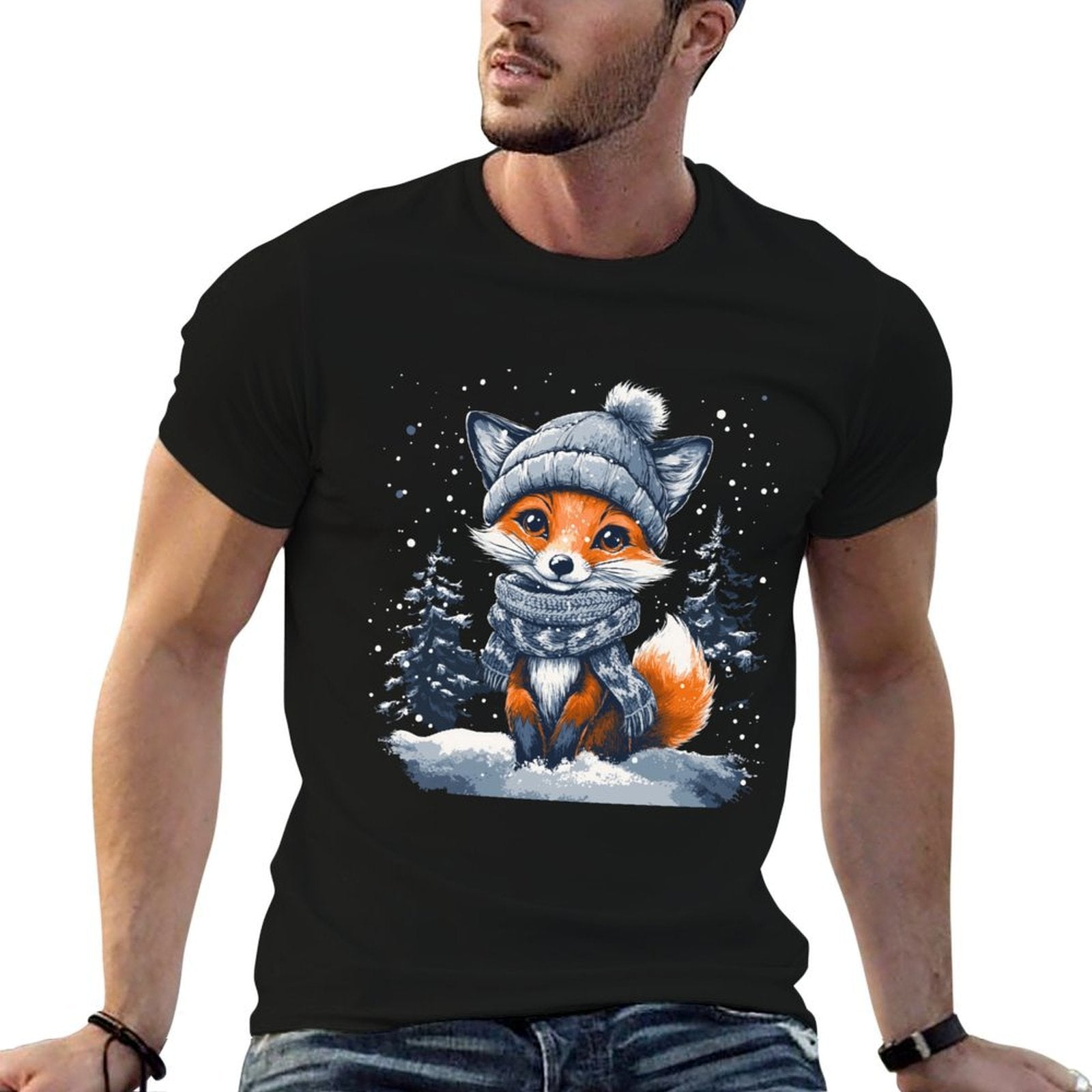 Fox Wearing Winter Hat  Scarf Snowy Christmas Scene  Eco-friendly Material T-Shirt