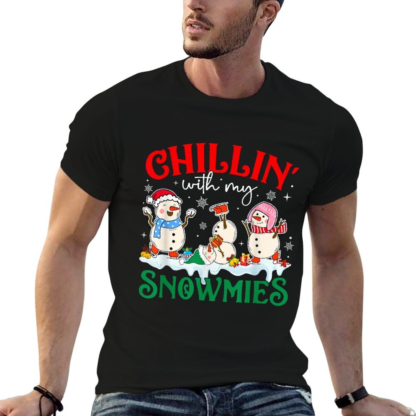 Funny Merry Christmas Snowman Chillin with My Snowmies  Summer-ready Fabric T-Shirt
