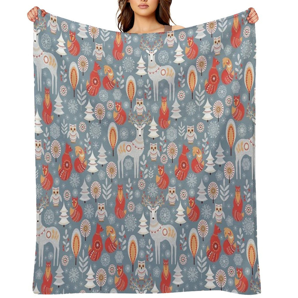 Seamless Pattern with Winter Forest, Deer, Owl And Fox. The Scandinavian Style. Gift-ready Throw Blanket