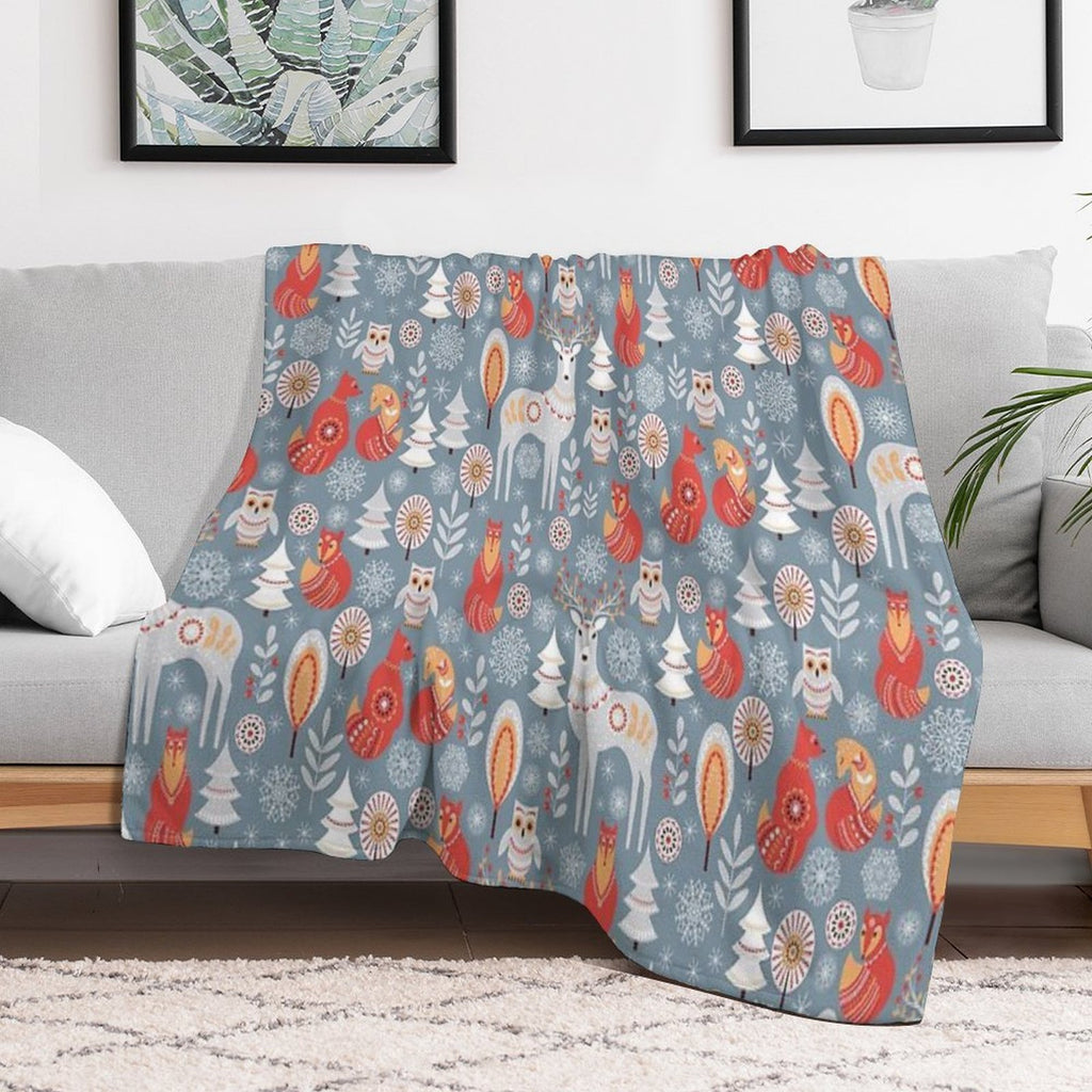 Seamless Pattern with Winter Forest, Deer, Owl And Fox. The Scandinavian Style. Gift-ready Throw Blanket