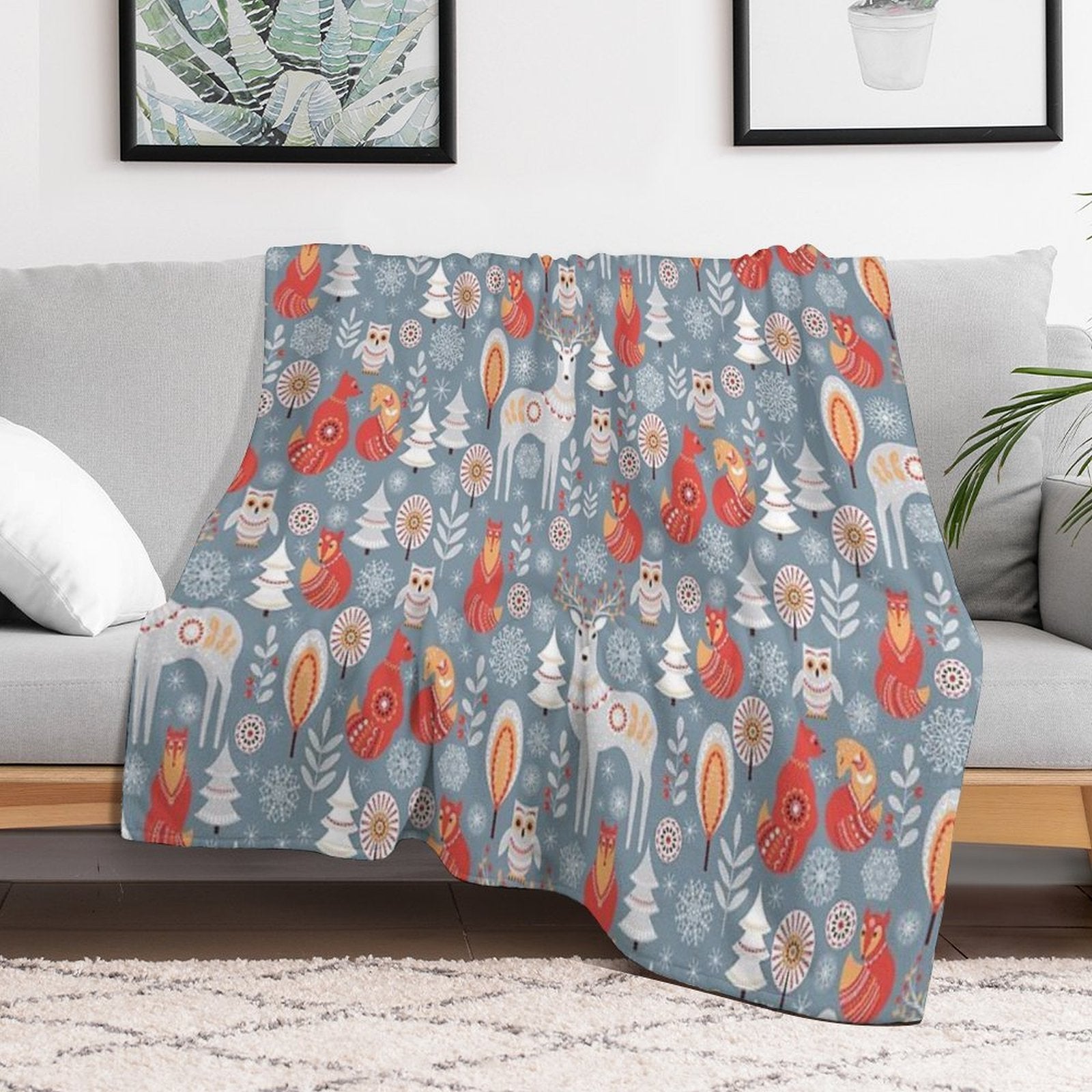 Seamless Pattern with Winter Forest, Deer, Owl And Fox. The Scandinavian Style. Gift-ready Throw Blanket