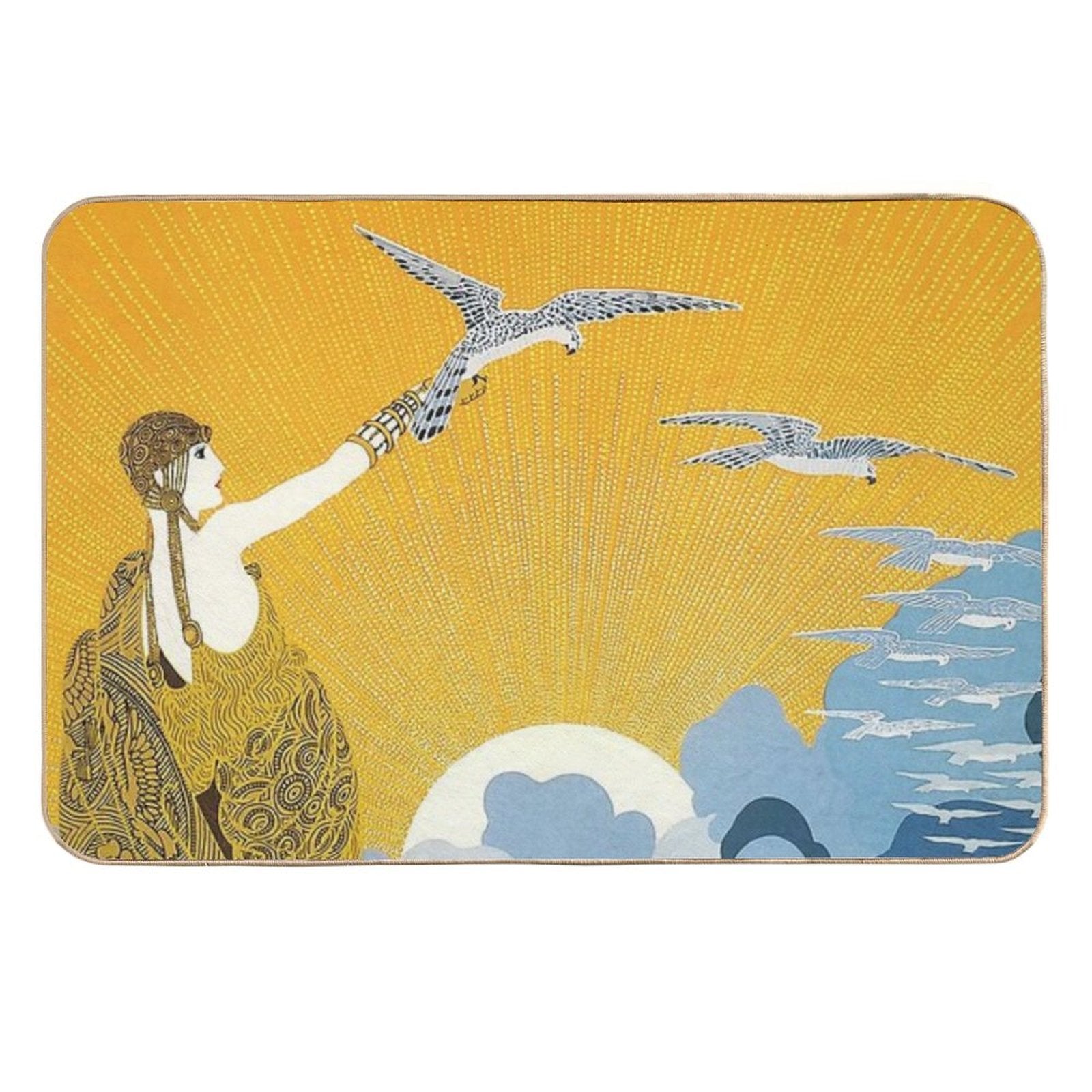 Art Deco Era Fashion, Woman with Birds And Ocean  Rapid-Drying Bath Mat