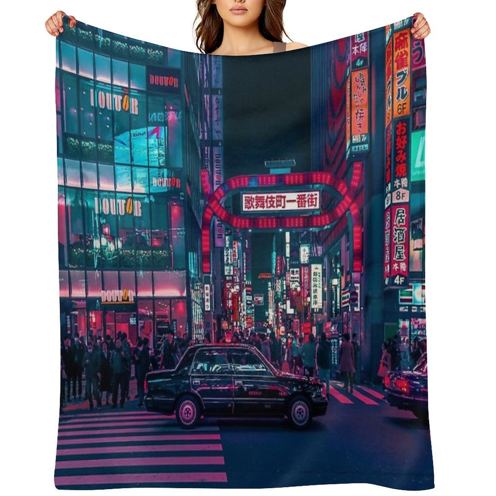 Cyberpunk Tokyo Street Travel-friendly Throw Blanket