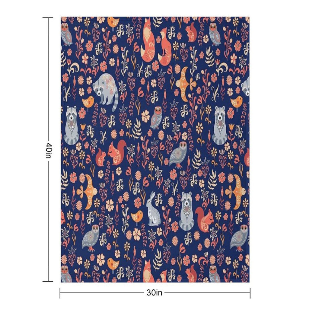 Fairy-tale Forest. Fox, Bear, Raccoon, Owls, Rabbits, Flowers And Herbs on A White Background. Seamless Pattern. Wrinkle-free Throw Blanket