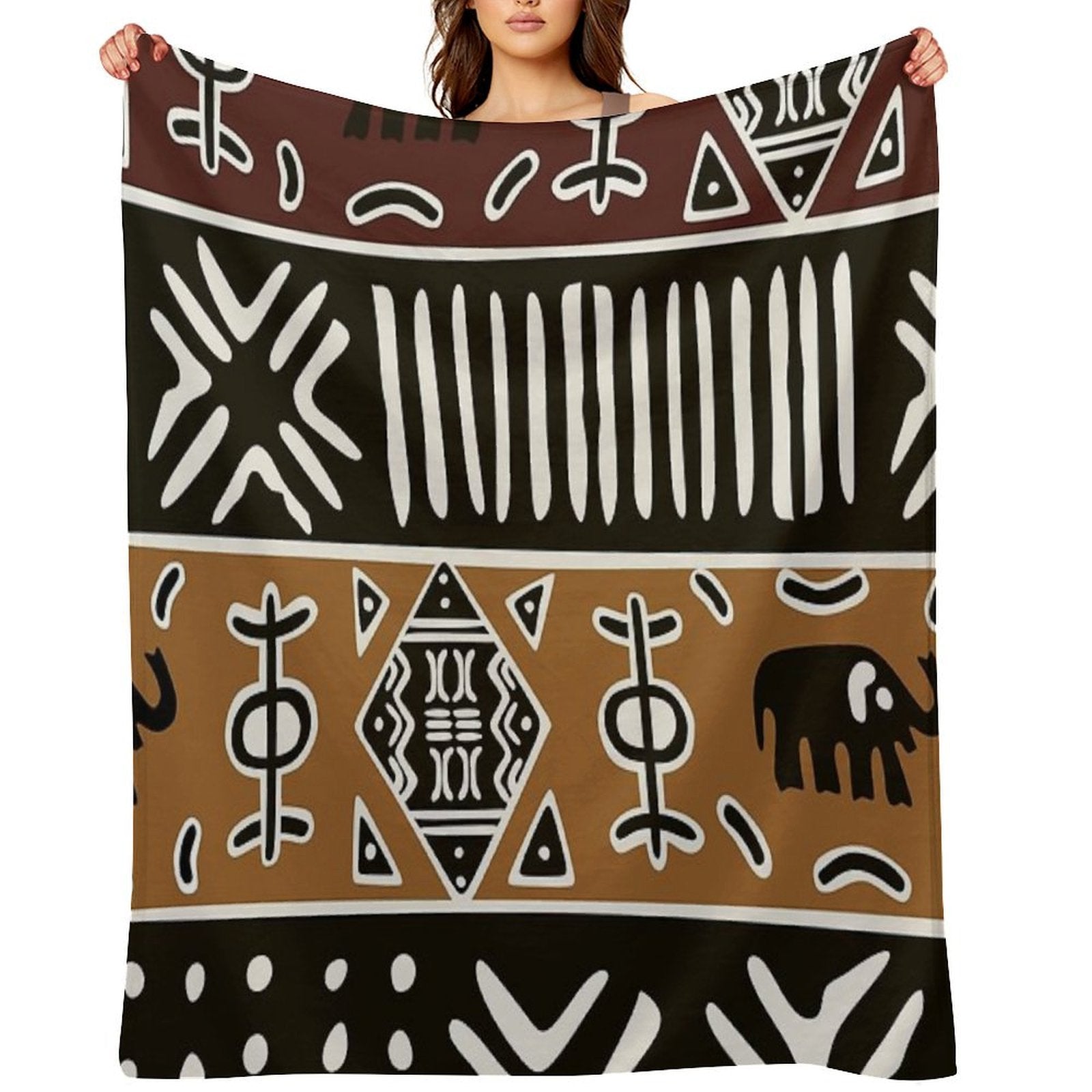 African Mud Cloth with Elephants Plush Throw Blanket