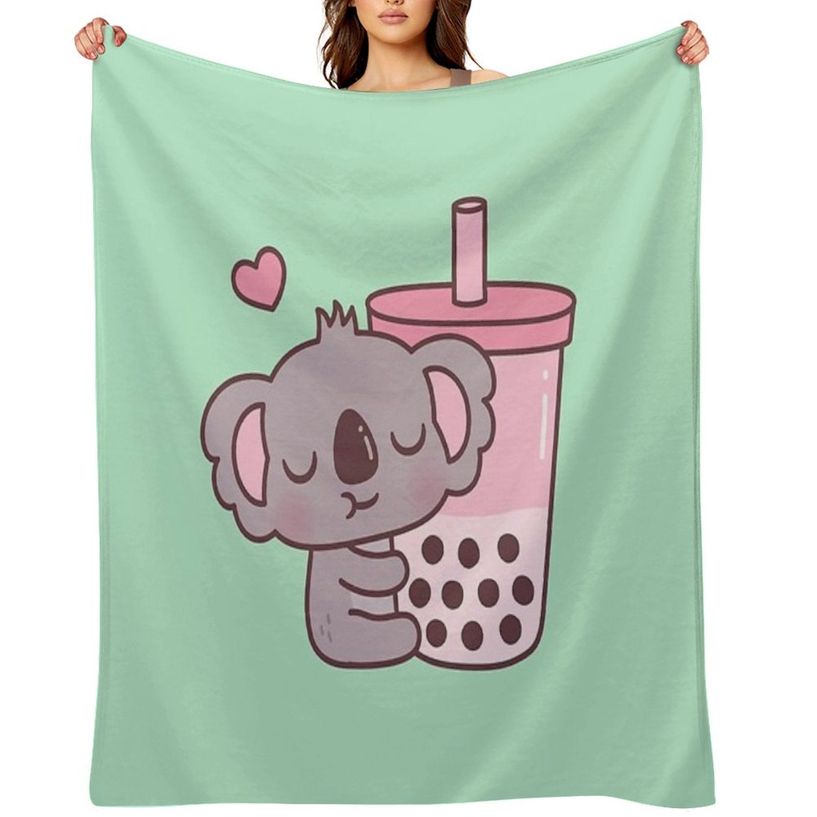 Cute Koala Loves Strawberry Bubble Tea Sustainable Throw Blanket