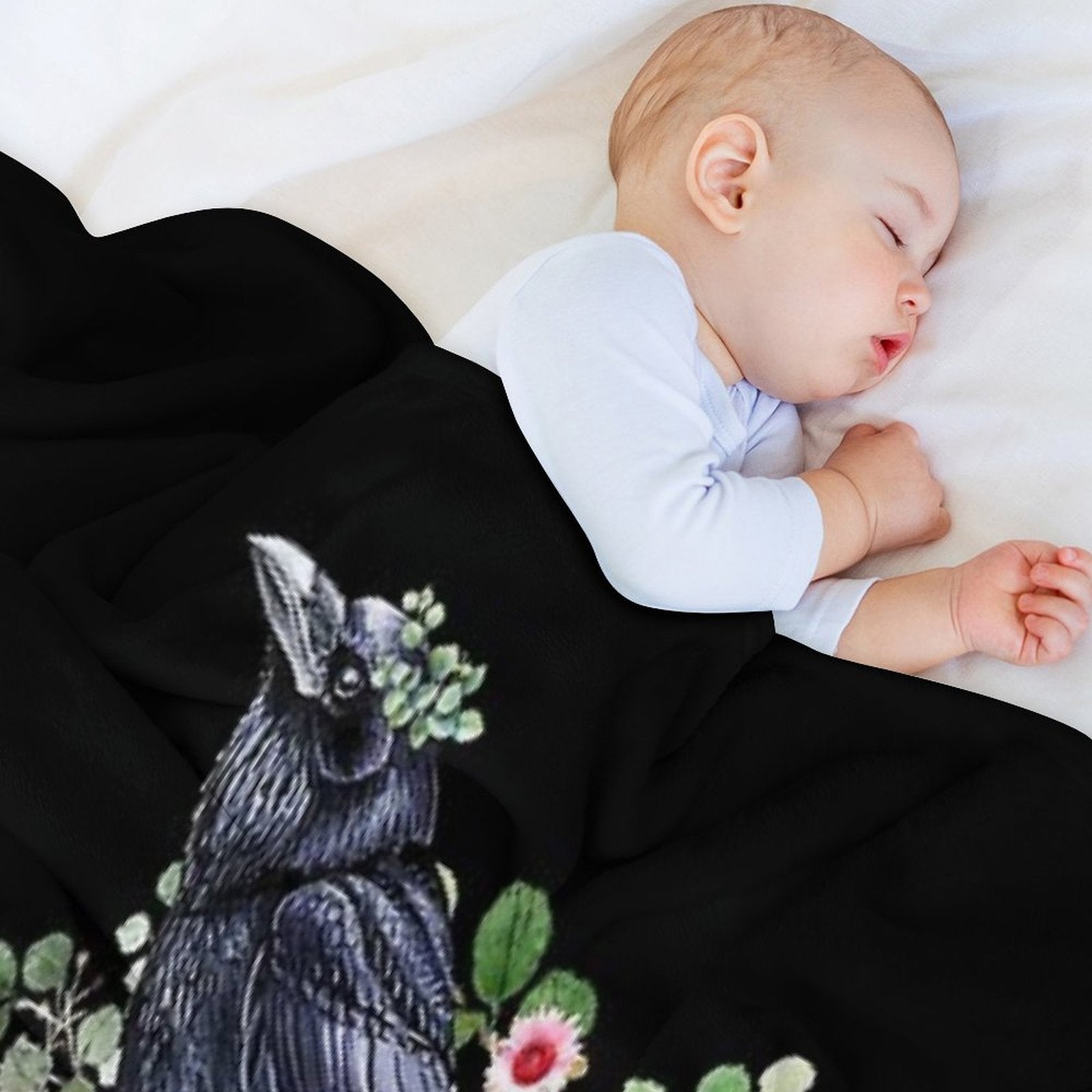 Black Raven with Skull And Leaves Crow, Skeleton Leaves Eucaliptus And Pink Sunflowers Machine-washable Throw Blanket